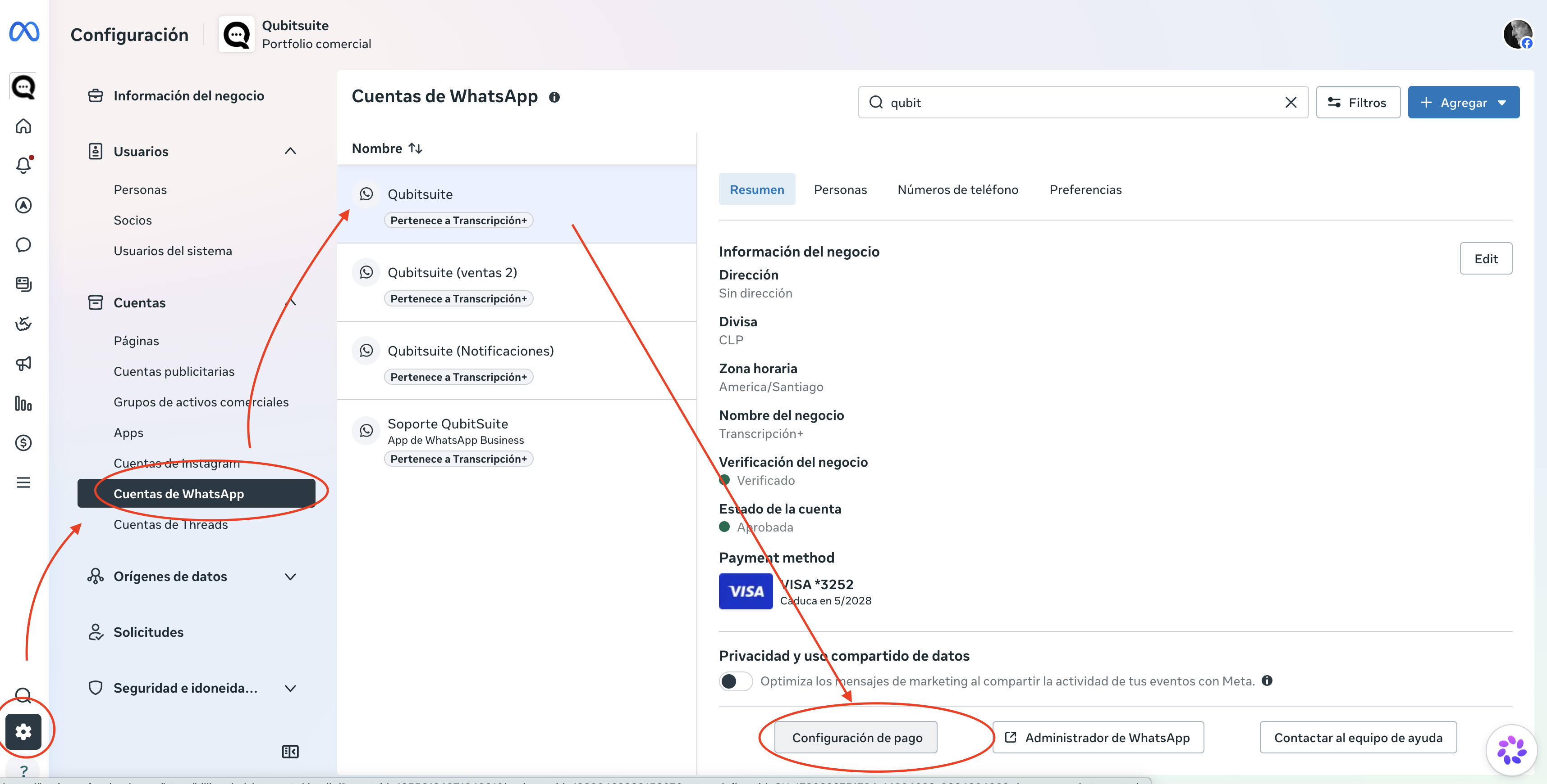 Cuenta de WhatsApp seleccionada con la opción Configuración de pago