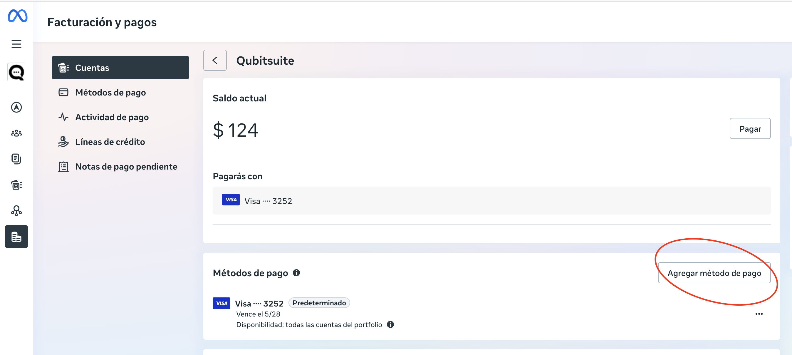 Ventana para agregar un método de pago a la cuenta de WhatsApp Business