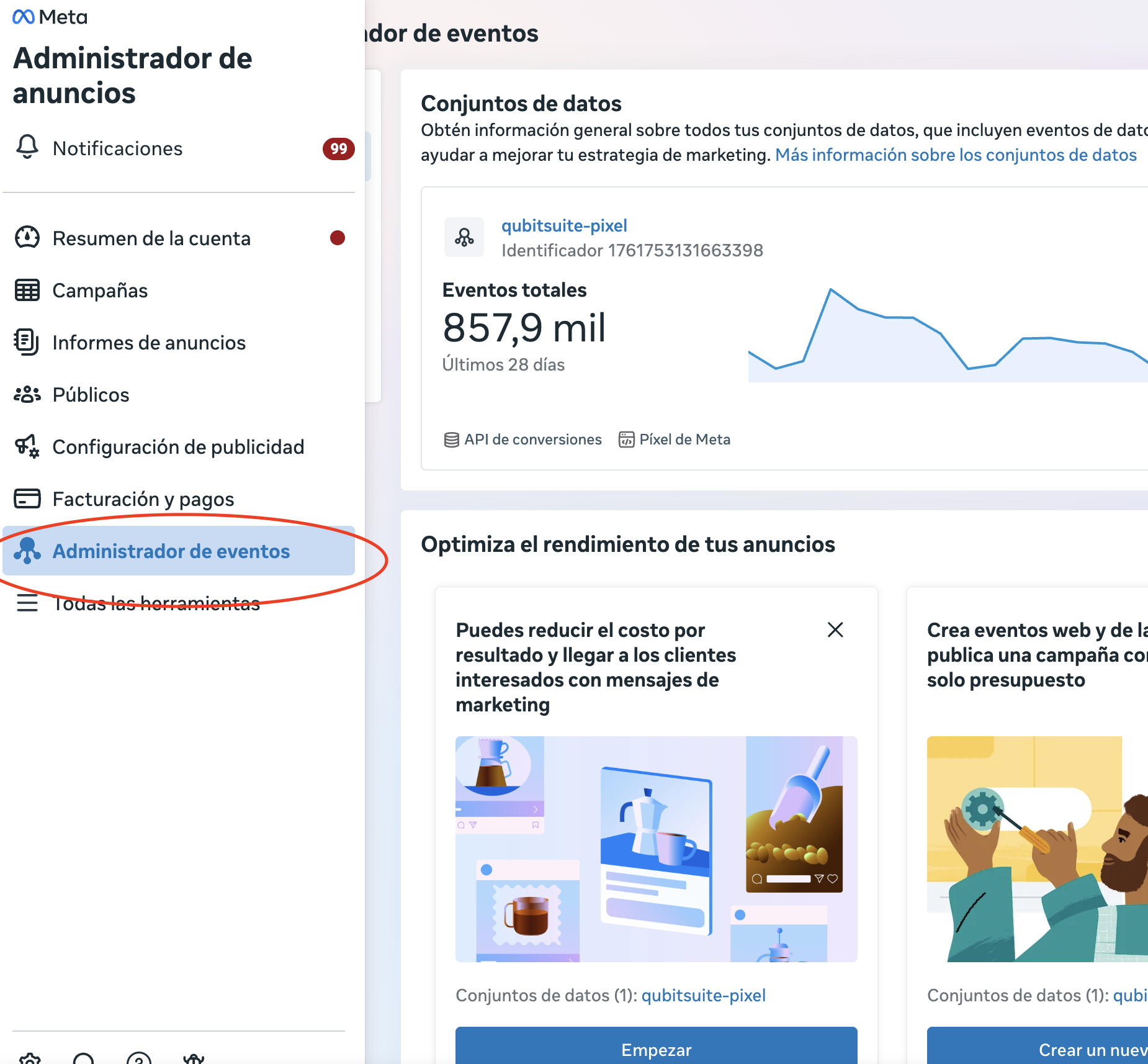 Opción Administrador de eventos en el menú principal de Meta