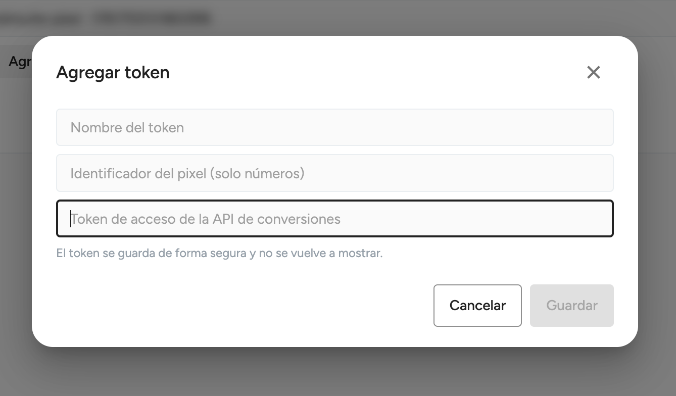 Ventana Agregar token con nombre, identificador del pixel y token de acceso