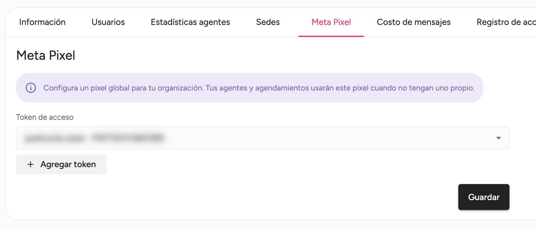 Token seleccionado en la lista desplegable de Meta Pixel