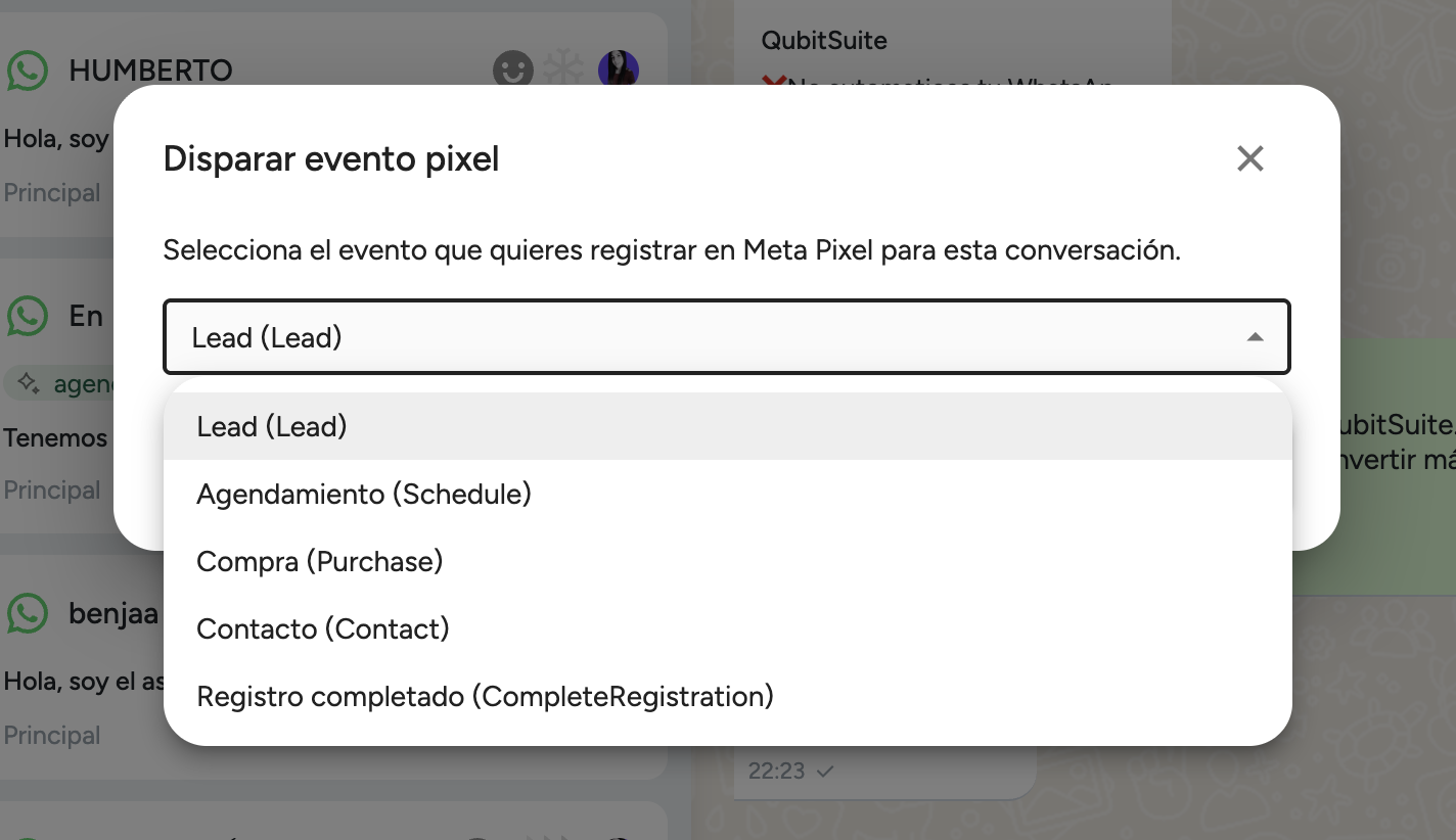 Ventana Disparar evento pixel con la lista de eventos disponibles