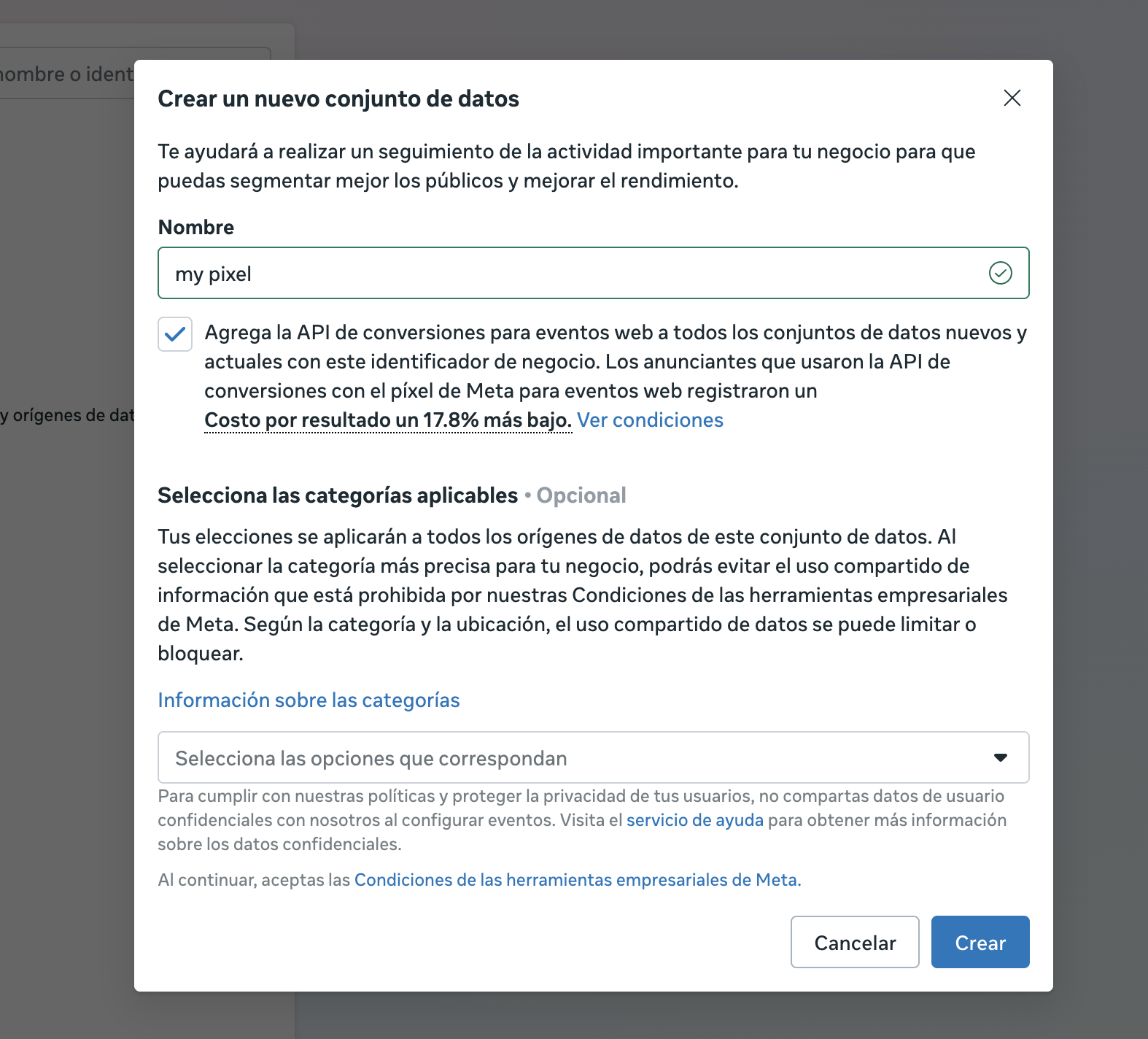 Ventana Crear un nuevo conjunto de datos con el nombre del pixel