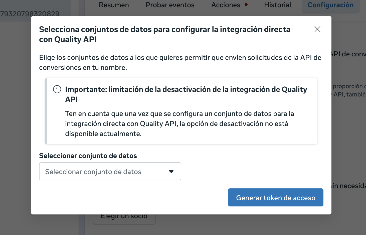 Ventana modal para seleccionar el conjunto de datos y generar el token