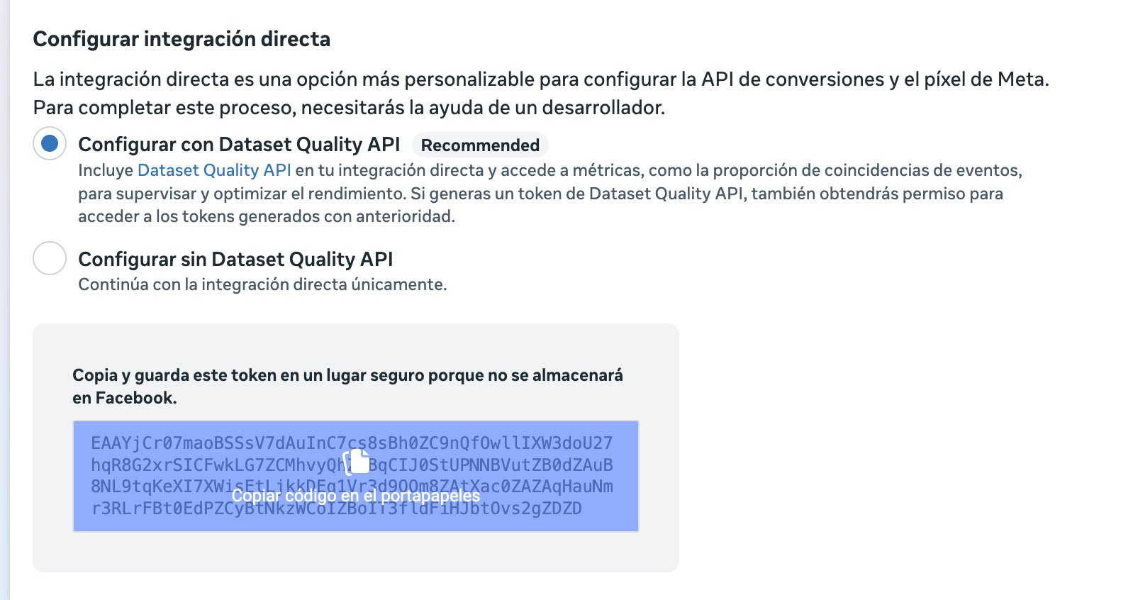 Token de acceso generado listo para copiar